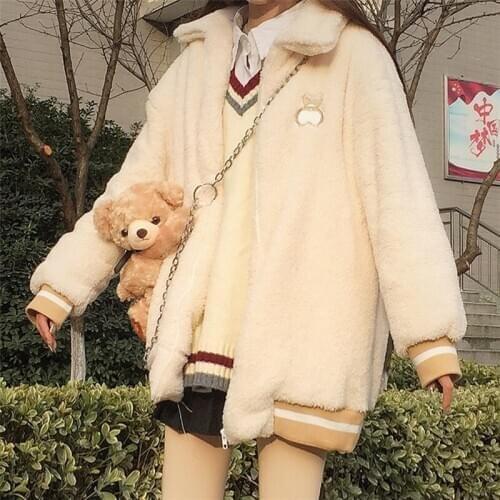 Winter Korean Plush warm coat womens loose and sweet embroidery cardigan medium long versatile student cardigan top