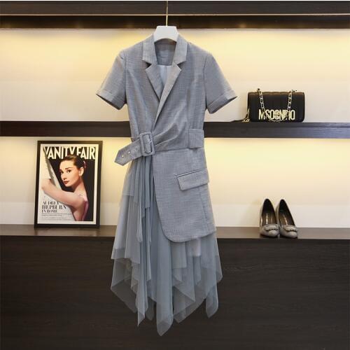 Women Turn-down Collar Irregualr Mesh Patchwork Blazer Dress Office Lady Dresses Vestidos