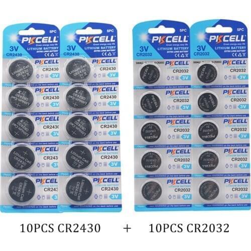 PKCELL 10Pcs/2Cards CR2032 + CR2430 3V Lithium Battery Button Dry Cell total 20pcs Coin Batteries