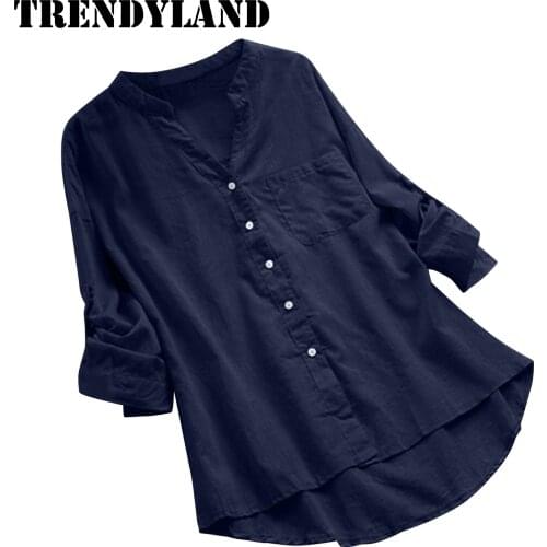 Trendyland Womens Casual Cotton Linen Blouses Tops Vintage Harajuku Long Sleeve Button Down Shirts Dropshipping Ropa Mujer