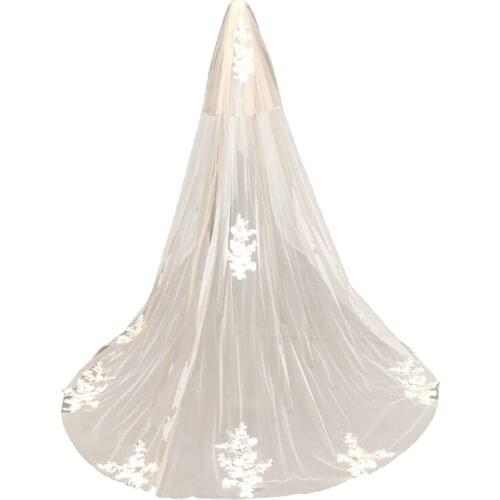 2 Tier Bridal Veil with Comb Long Drop Veils Cathedral Length Lace Decor Elegant Sheer Tulle White for Wedding Party