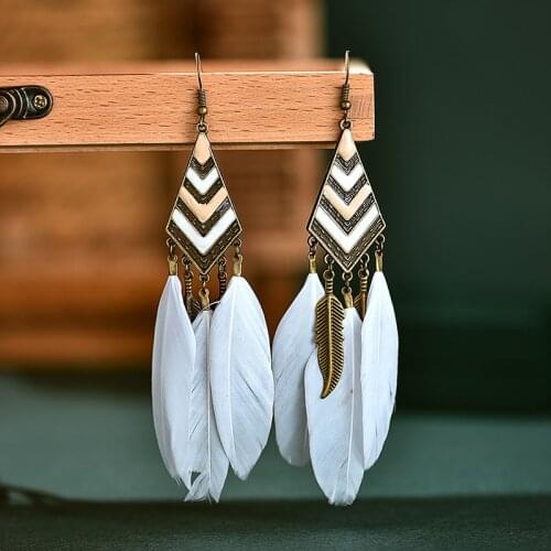Geometric Bohemian Vintage Feather Earrings For Women Jewelry Fashion Long Chain Tassel Dangle Drop Earrings Oorbellen