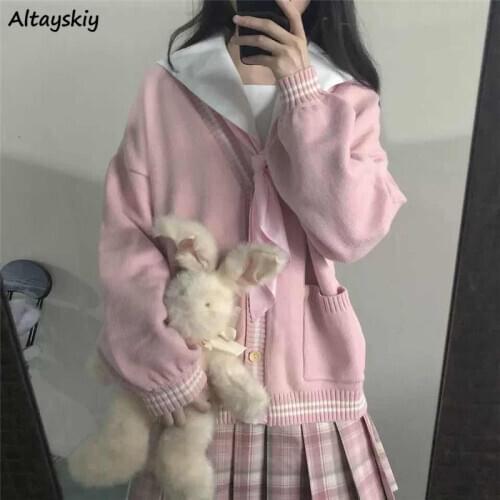 Sweaters Women Ladies Cardigans V-Neck Single Breasted Long Sleeve Knitting 2020 Ulzzang Leisure Kawaii Student Popular Pink New