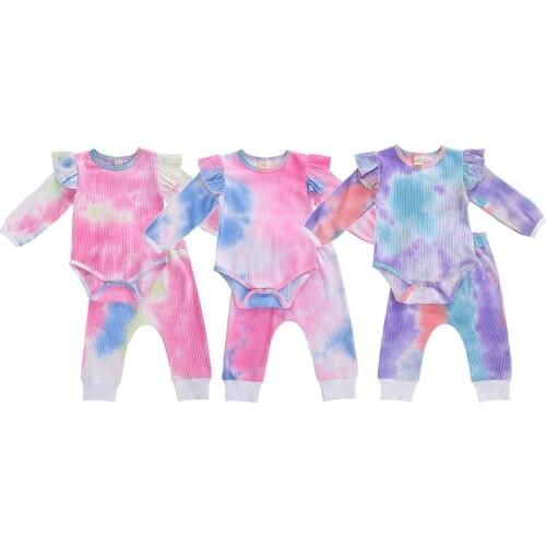 Infant Newborn Baby Girls Romper Long Pants Spring Autumn Tie Dye Outfit Long Sleeves Ruffle Bodysuits Pants Clothes 0-24 Months