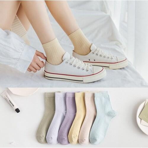 New combed cotton womens British double needle medium cylinder solid socks fashion versatile cotton socks