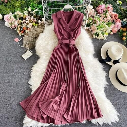 2021 New Women French Pleated Dress Summer Korean Style Sleeveless A-line Dresses Fashion Solid Streetwear Dress