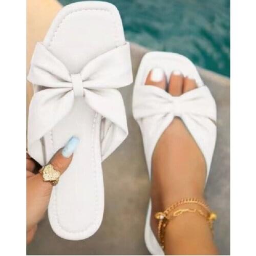 Womens Slippers Casual Suare Toe Flip Flops Sweet Bowknot Plus Size Flat Slip on Outdoor Beach Shoes Woman Ladies Slides