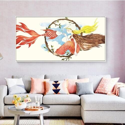 Nordic Canvas Posters And Prints Cartoon Mermaid Birthday Gifts Girl With Flowers Wall Art Mural Wall Pictures Kids Girls Room