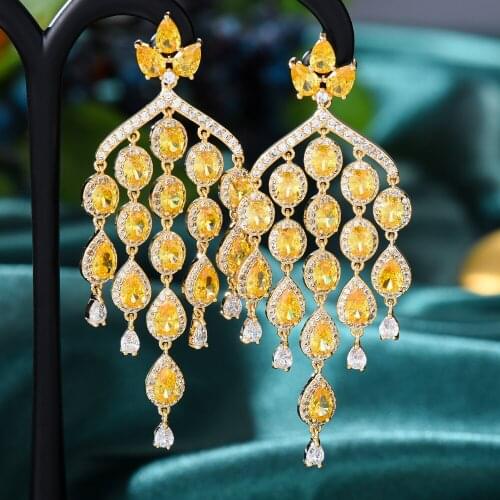 SORAMOORE Gorgeous Trendy Yellow Green Tassel Dangle Earrings for Women Bridal Luxury Jewelry Ladies Daily New Fashion