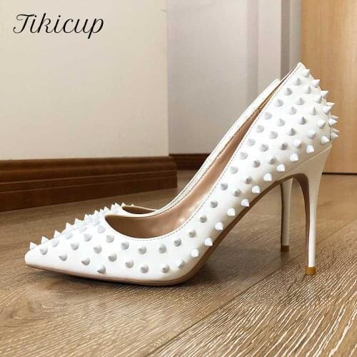Tikicup White Full Spikes Women Sexy Pointed Toe Stilettos High Heels Ladies Chic Pumps Slip On Party Shoes Plus Size 34-45