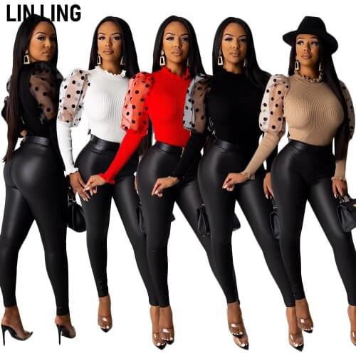 LINLING Long Sleeve Top with Tight Top, Round Dot Stitching, Lantern Sleeve and Ruffle Top