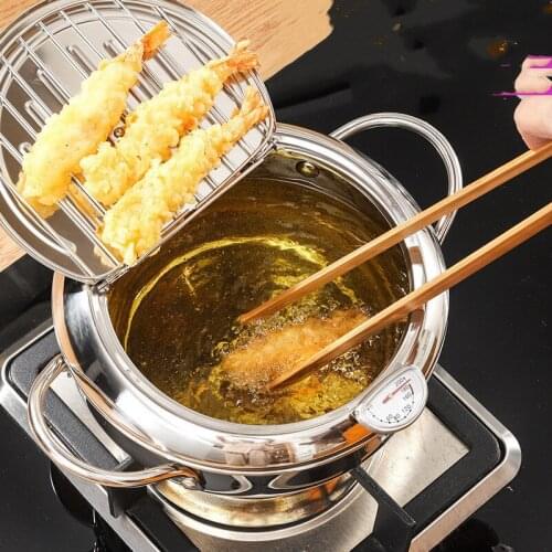 Japanese Deep Frying Pot with a Thermometer and a Lid 304 Stainless Steel Kitchen Tempura Fryer Pan 20 24 cm