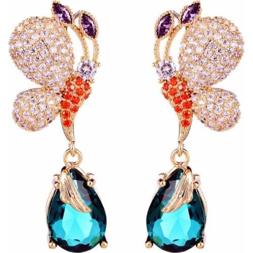 Whosale elegant bridal color CZ earring shiny cubic zircon butterfly Korean girl dangle earrings