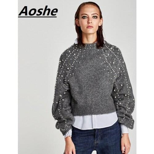 Designer Pullover 2018 Winter Oversized Sweater Women Solid Color Lantern Sleeve Pearl Decoration Jumper Fashion Crop Tops