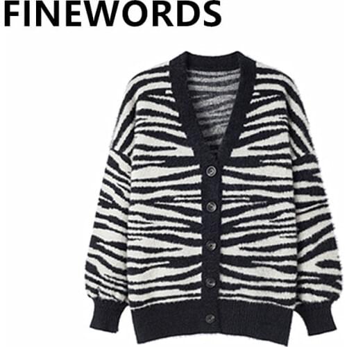 FINEWORDS Retro Zebra Striped Printed Knitted Cardigans Women Autumn Winter Thicen Soft Sweater Jackets Loose Oversize Outerwear