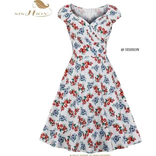 SISHION Summer Women Cotton Floral Dress VD2090 Square Neck 50s Vintage Dress White Robe Femme Clothing
