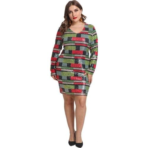 2020 Plus Size Women Bandage Bodycon Dress Party Lady Women Deep V Sequins Knee Length Long Sleeve Nightclub Dress Vestidos