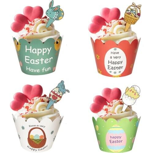 24pcs Happy Easter cupcake wrapper topper cute rabbit eggs toppers cupcake Easter party decor for home supplies dessert Easter