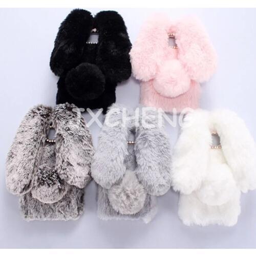 Case for Samsung Galaxy Note 2 3 4 5 7 8 9 A6 A8 Plus 2018 Cute Rabbit Bunny Hairy Warm Fur Bling Rhinestone Plush Soft Cover
