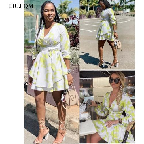 Elegant Print Summer Party Dress Women V Neck Long Sleeve Sexy Dress High Waist Mini Dresses Female Fashion 2021 Sundress