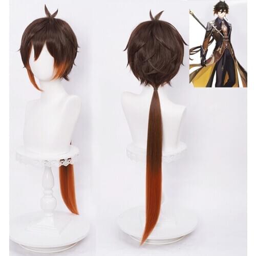 Genshin Impact Cosplay Zhongli Wig Long Brown Orange Heat Resistant Synthetic Hair Adult Men Halloween Party Dress up C69M52