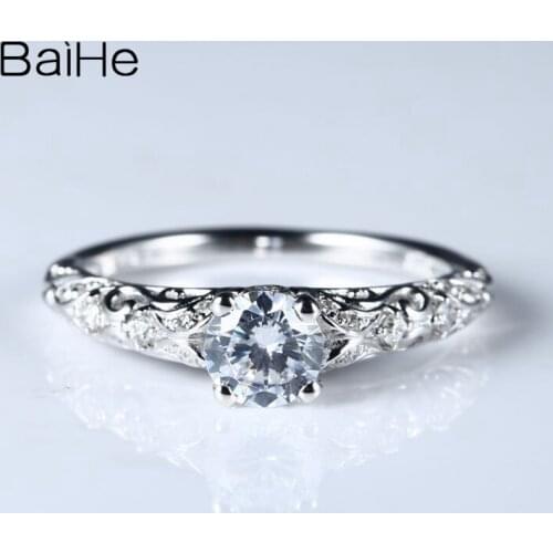 BAIHE 5.5mm White Topaz Natural Diamond Fine Jewelry Engagement Wedding Band Solid 14k White Gold Vintage Gift Fine Jewelry Ring