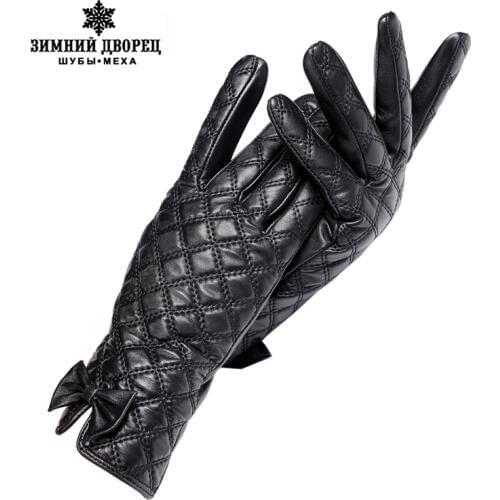 GIoves women,GIoves Central butterfly decoration,Genuine Leather,Black checkered leather gIoves,Female gIoves,Brand quality