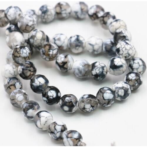 6 8 10 12mm Natural Fire Agates Stone Onyx Faceted Round Black White Carnelian Loose Beads for Jewelry Making Findings 15" A367