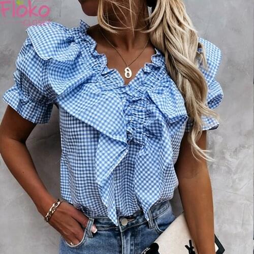 Flokocloset Summer Slim V-Neck Ruffle Shirts Casual Puff Sleeve Plaid Women Blouse Open Back Tops
