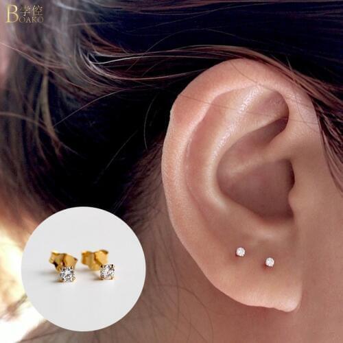 BOAKO Small Studs Earring 2.5/3/3.5mm 925 Sterling Silver Earrings Stud For Women Charm Zircon Gifts