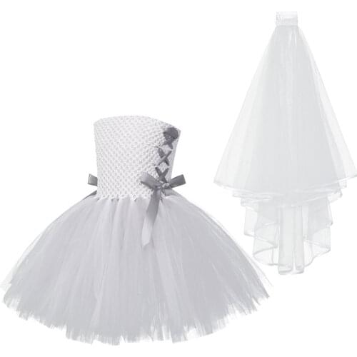 Girls Evil Halloween Horror Scary Fancy Dress Outfits White Kid Ghost Dead Bride Masquerade Cosplay Costume Tutu Dress with Veil