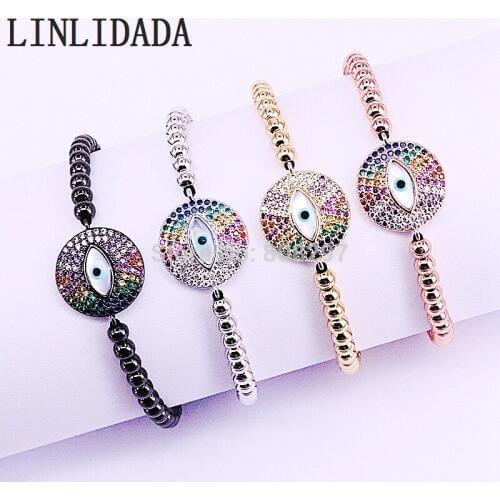 New Arrival 8Pcs Handmade Micro Pave CZ Shell Eye Bead Charm & 4mm Round Beads Braided Macrame Bracelet Jewelry