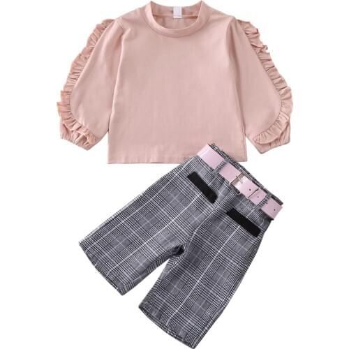 Toddler Girl Clothes 2020 Cute Baby Kid Girl Ruffles Solid Long Sleeve Hoodie + Plaid Pants + Belt Clothes 3PCS