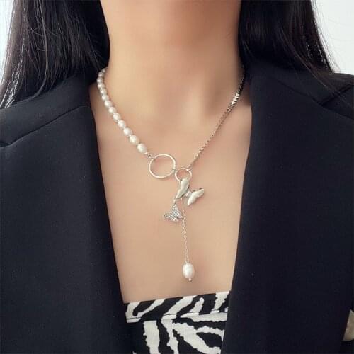 Huge Bud Natural Baroque Pearl Necklace for Women Zirconia Butterfly Pendant Necklaces Fashion Jewelry Party Accessories Gifts