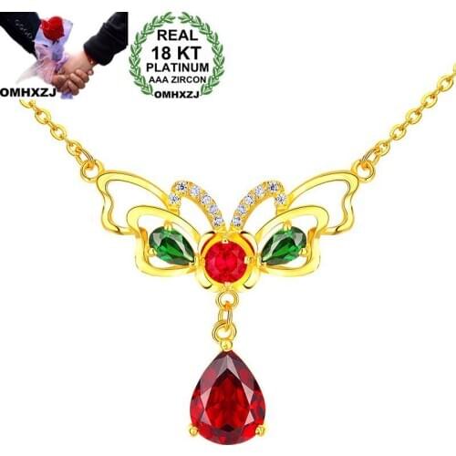 OMHXZJ Wholesale European Fashion Woman Girl Party Wedding Gift Butterfly Red AAA Zircon 18KT Yellow Gold Pendant Necklace NA177
