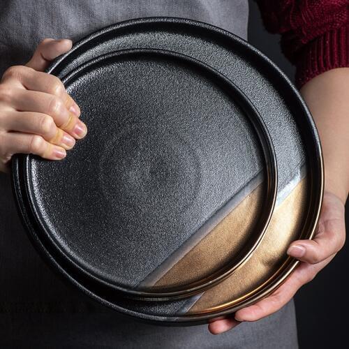 1Pcs KINGLANG Original Dish Plate Creative Matte Golden Black Ceramic Plate Flat Steak Plate Western Dish Pizza Plate