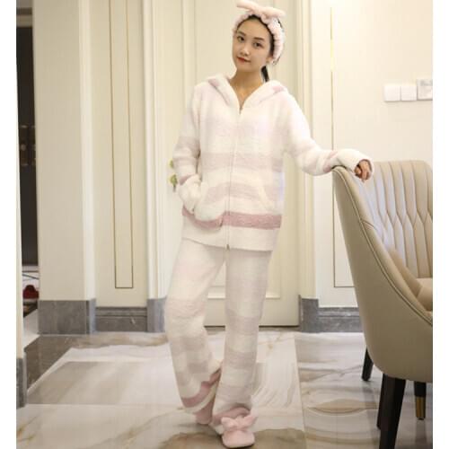 Autumn and Winter Pajamas Womens Striped Cardigan Sleepwear Set Thickened Plus Velvet Warm Casual Home Casual Wear Women