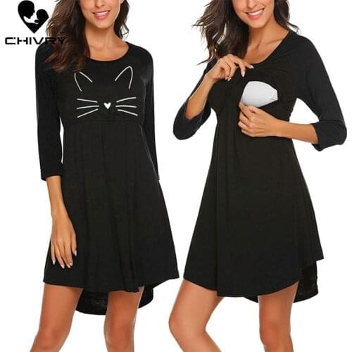 Maternity Dress New 2020 Pregnant Women Long Sleeve O-neck Cat Print Nursing Breastfeeding Dress Maternity Women Dress Vestidos