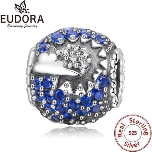 2019 Eudora 925 Sterling Silver Exquisite Charms Bead Blue Crystal DIY Charms fit Original Bracelet & Necklace DIY Jewelry Z98