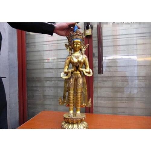 Collectible bronze lion statue S0184 Tibet Buddhism Copper Bronze gild Stand TaRa Kwan-Yin Guan Yin Buddha Statue