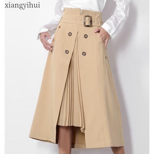 Elegant Khaki Midi Skirt Womens Chic High Waist Skirt Female Korean Fashion Belt Knee Length Skirts 2020 Autumn Winter