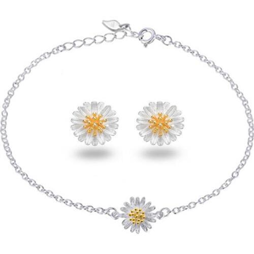 XIYANIKE 925 Sterling Silver 2019 Romantic Sweet Daisy Flower Jewelry Sets For Women Girls New Gift Bracelet Earrings BR+EA