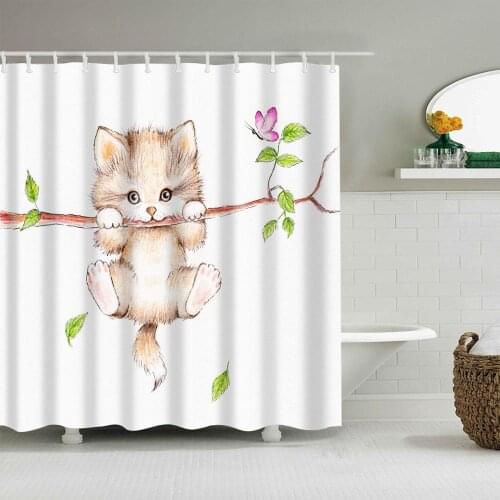 Animals Shower Curtain Cartoon Cute Kitten Climbing Tree Bath Accessories with Hooks Waterproof Polyester Fabric Bathroom Decor