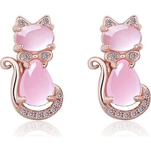 Fashion cute cats pink crystal zircon diamonds gemstones stud earrings for women rose gold color jewelry bijoux gifts brincos