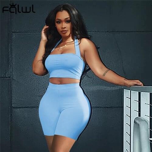 FQLWL Summer Streetwear Bodycon 2 Two Piece Sets Women Outfits Backless Halter Crop Top Pink Biker Shorts Sets Casual Tracksuit