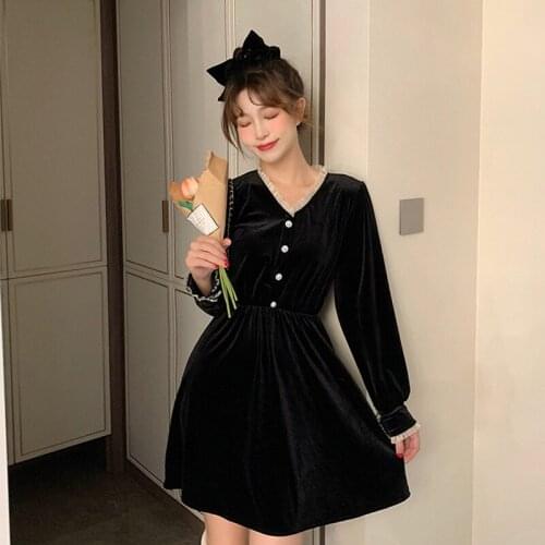 Elegant Winter Velvet Button Dress Women Pleated V Neck Long Sleeves Autumn French Vintage Black Short Mini Dresses