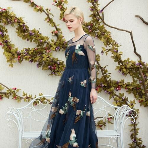 High quality 2016 new summer maxi dress women track net yarn/phoenix bird embroidery long dress
