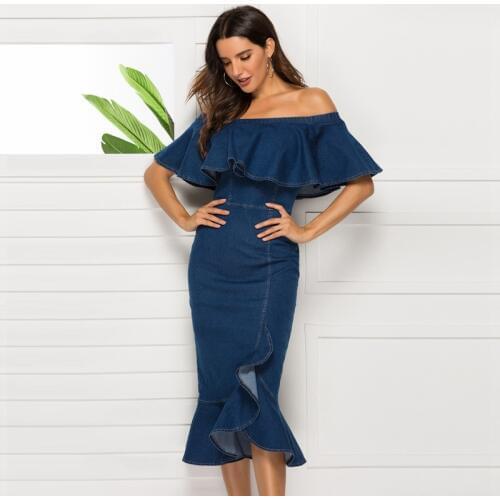 Women Elegant Jeans Dress 2019 Autumn Sexy Ruffles Slash Neck Strapless Hips Party Long Dress Ladies Off Shoulder Denim Dress