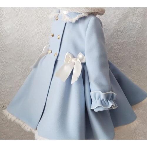 1-12Y Baby Girl Autumn Winter Handmand Customized Palace England Spanish Light Blue Princess Wool Coat for Christmas Casual