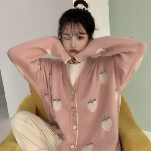 2021 Spring Autumn Korean Peach Pattern Knitted Cardigan Sweater Sweet Girl Slim Outwear Fashion Loose Coats Female JD1602